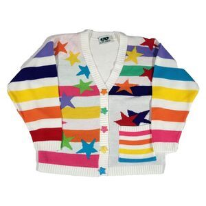 Justin Charles Neon Cardigan Sweater kids M stripe Stars Acrylic Vtg USA 80s 90s